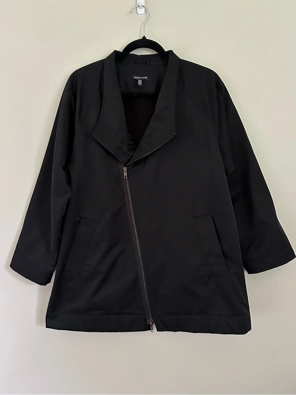 Eileen Fisher Black Jacket Asymmetrical Zip Organic Cotton SM Petite Minimalist
